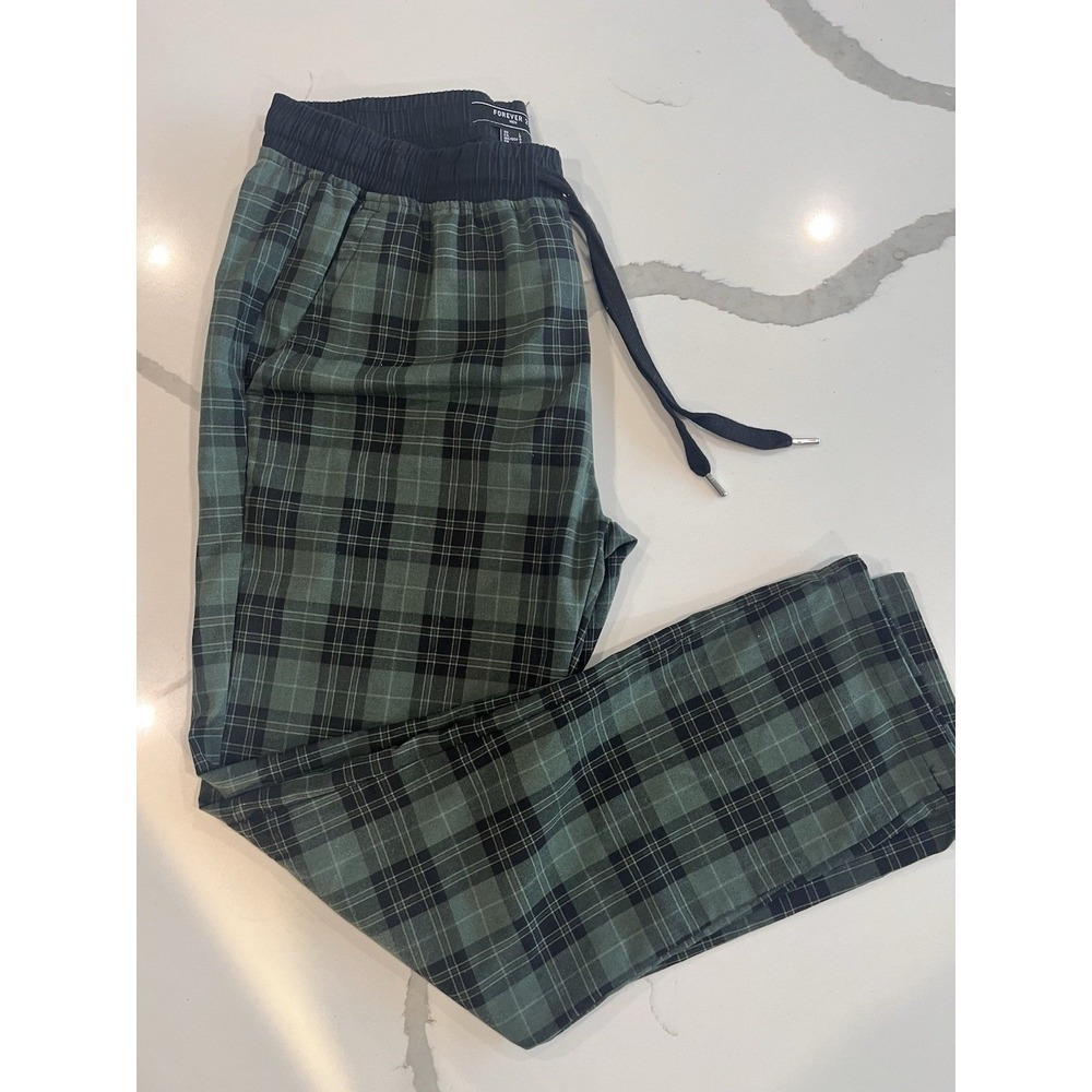 Men's H&M Plaid Drawstring Elastic Waist Pants Size L Green And Black Plaid